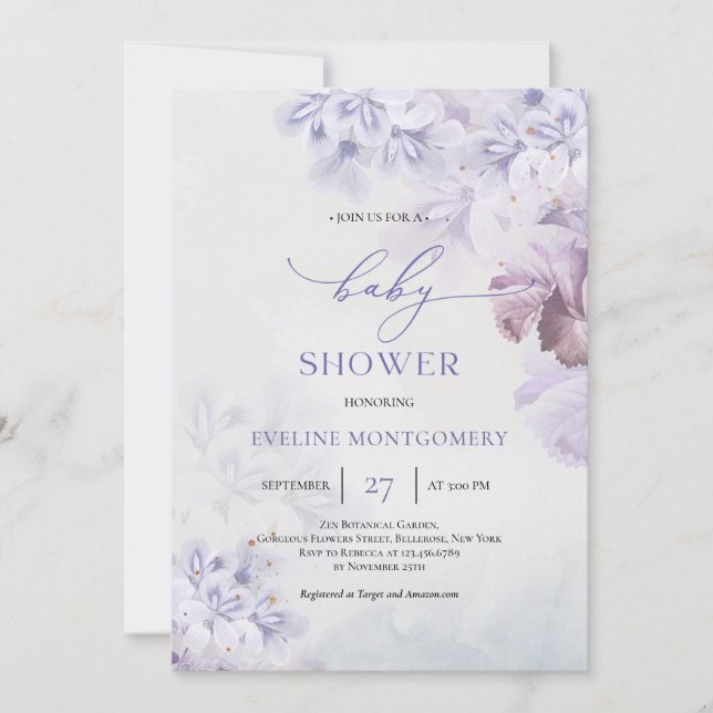 Spring soft purple flowers dusty blue Baby Shower  Invitation (Front)