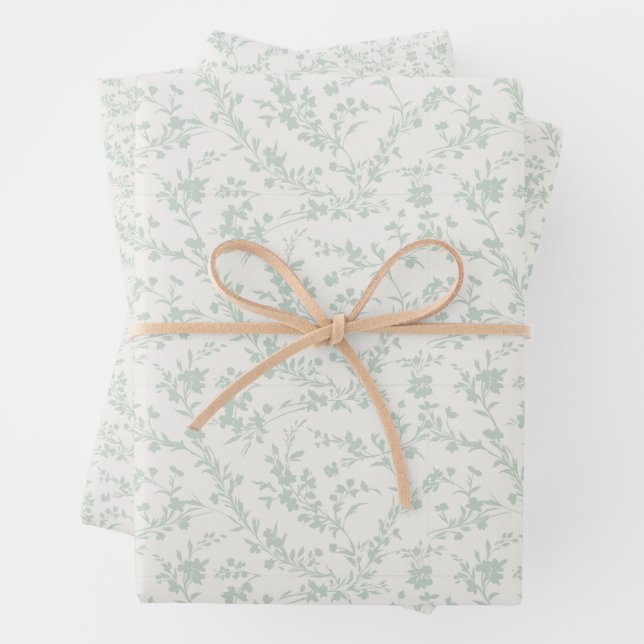Spring Sprigs Muted Sage - Neutral  Wrapping Paper Sheet (In situ)