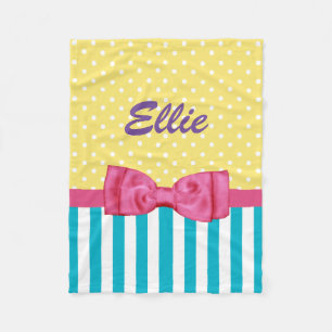 Spring Stripes and Polka Dots Pink Bow and Name Fleece Blanket