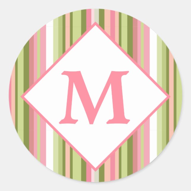 Spring Stripes Personalized Monogram Classic Round Sticker (Front)