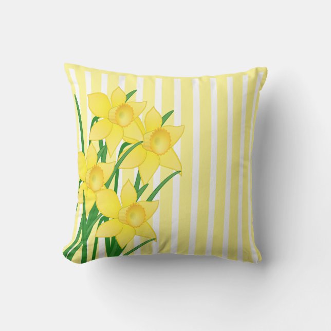 Spring Style Daffodils on Yellow and White Striped Outdoor Pillow (Front)
