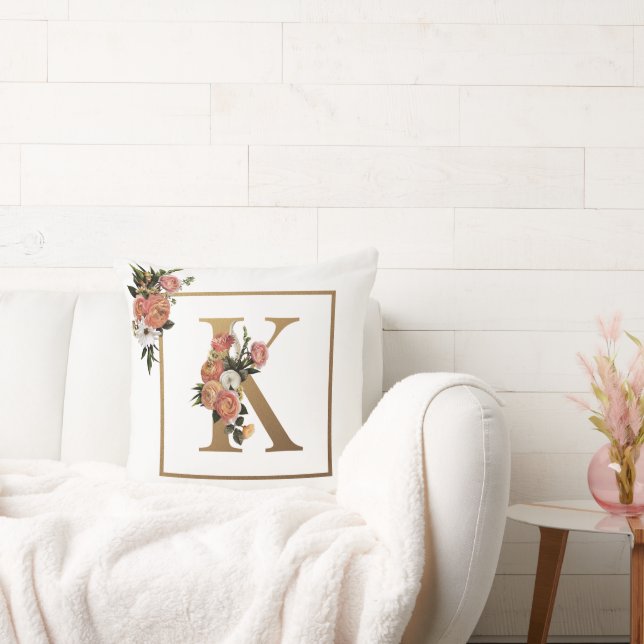 SPRING STYLE, PINK & WHITE FLORAL MONOGRAM K THROW PILLOW (Couch)