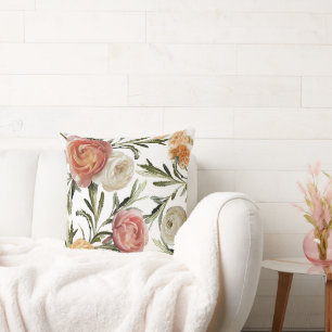 SPRING STYLE, PINK & WHITE FLORAL PATTERN THROW PILLOW