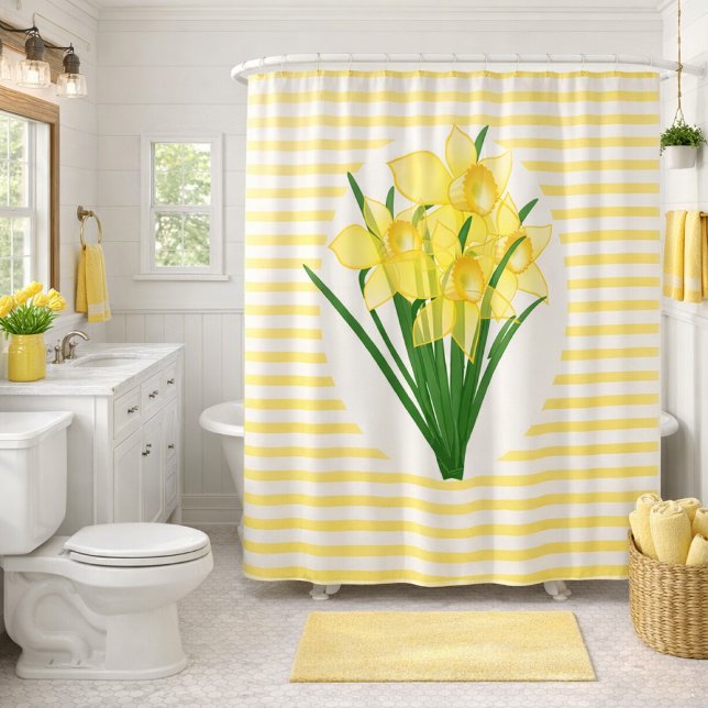 Spring Style Yellow Daffodils Flower (Bright daffodils bloom in a striped shower curtain, adding cheerful charm to this farmhouse bathroom)