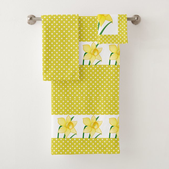 Spring Style Yellow White Polka Dot with Daffodils Bath Towel Set (Insitu)