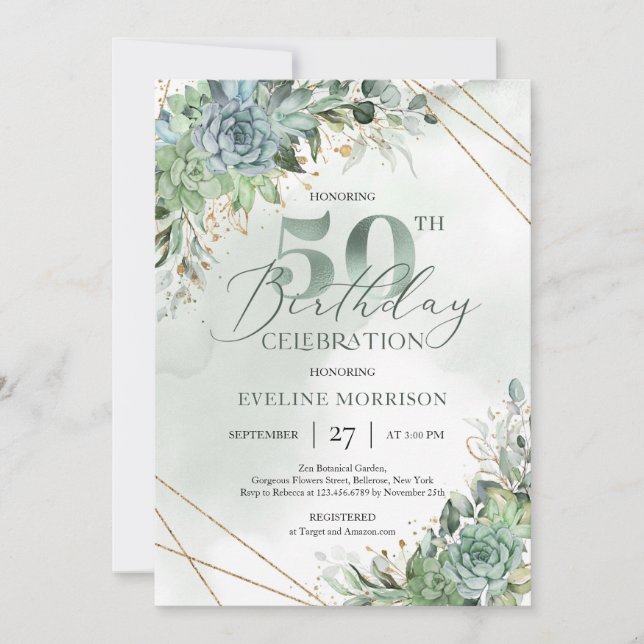 Spring succulents eucalyptus gold 50th birthday invitation (Front)