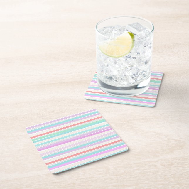 Spring summer colours in stripes square paper coaster (Insitu)