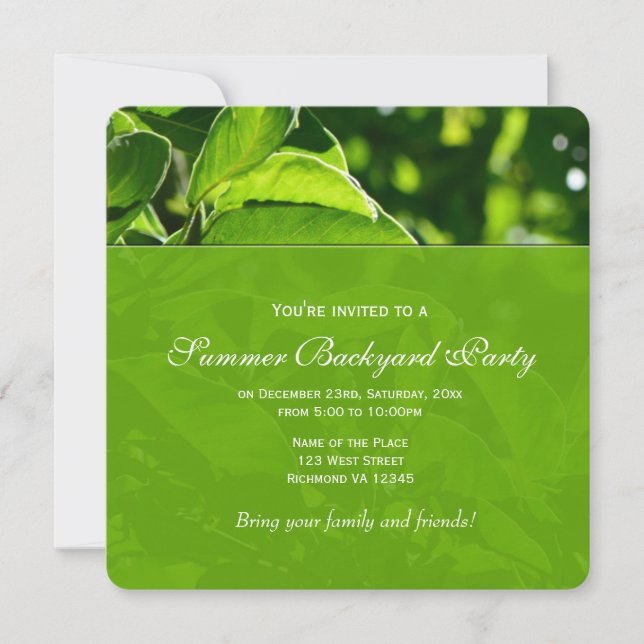 Spring, summer green leaves family backyard party invitation (Front)