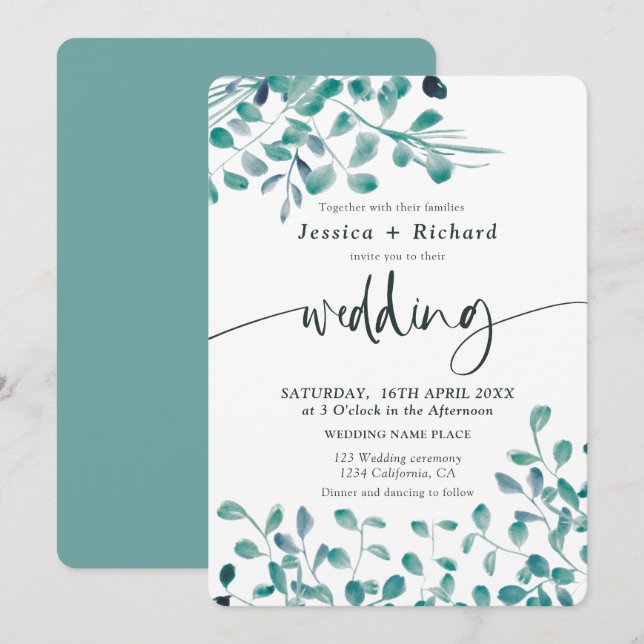 Spring summer greenery eucalyptus floral wedding invitation (Front/Back)