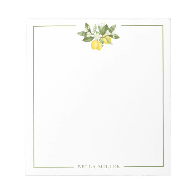 Spring Summer Lemon Floral Branch Stationery Notepad (Front)