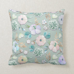 Spring Summer Mint Green Gold Lialc Pink Floral Throw Pillow
