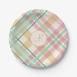 spring summer mint pastels plaid with monogram paper plate