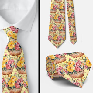 Spring Summer Pink and Yellow Floral Neck Tie