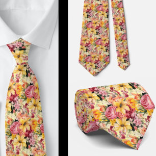 Spring Summer Pink and Yellow Floral Neck Tie