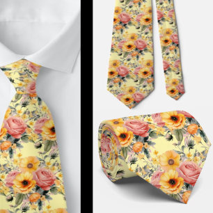 Spring Summer Pink and Yellow Floral Neck Tie