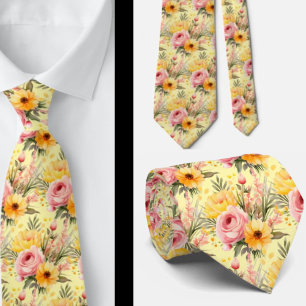 Spring Summer Pink and Yellow Floral Neck Tie