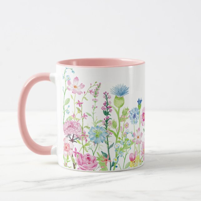 Spring summer pink blue flower meadow mug (Left)