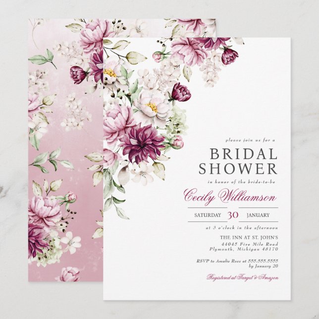 Spring Summer Pink Wine Blush Floral Bridal Shower Invitation (Front/Back)