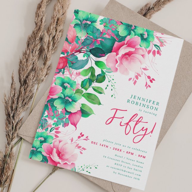 Spring Summer Watercolor Floral 50th Birthday  Invitation (Spring Summer Watercolor Floral 50th Birthday Invitation)