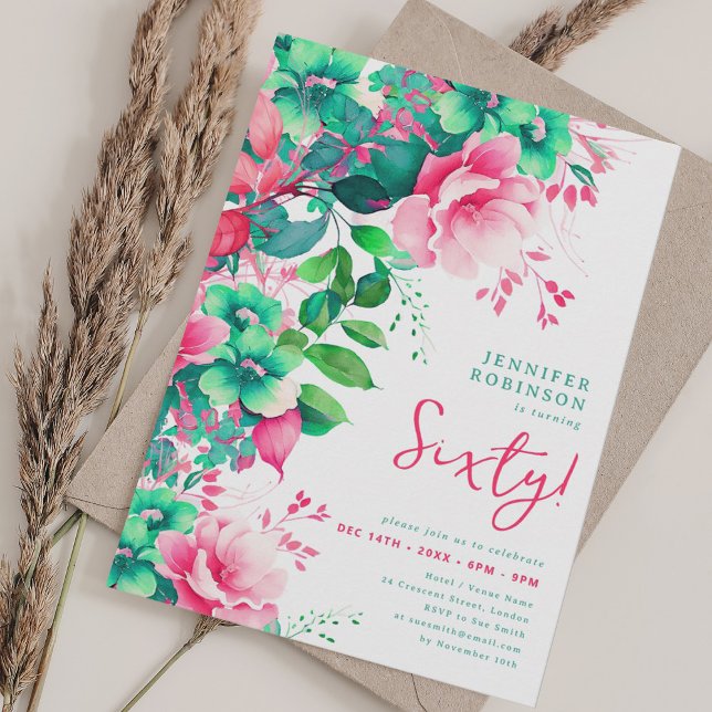 Spring Summer Watercolor Floral 60th Birthday  Invitation (Spring Summer Watercolor Floral 60th Birthday Invitation)