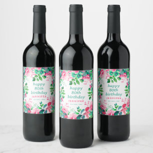 Spring Summer Watercolor Floral 80th Birthday  Wine Label