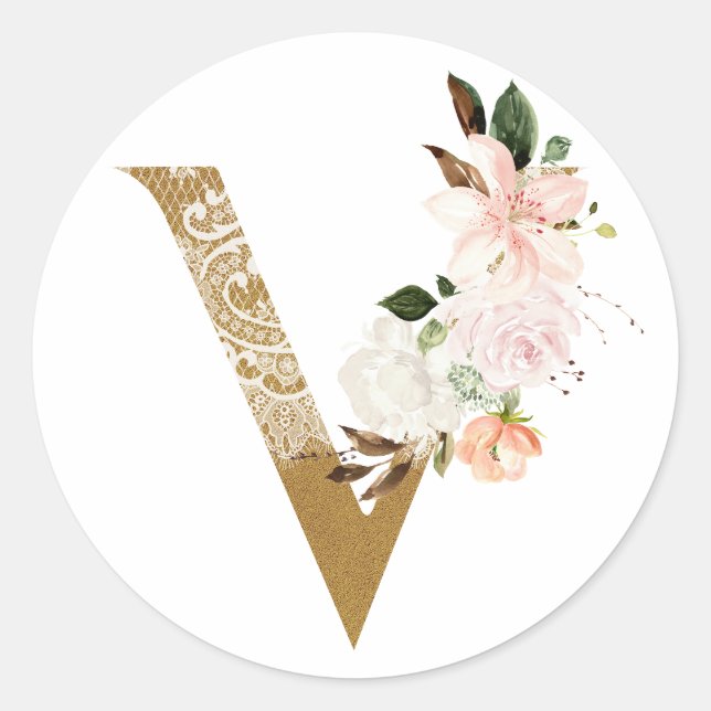 Spring summer wedding MONOGRAM V Classic Round Sticker (Front)