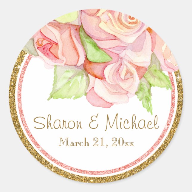 Spring Summer Wedding Watercolor Rose Bouquet Classic Round Sticker (Front)