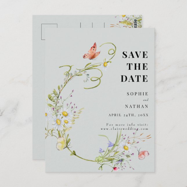 Spring Summer Wildflower Blush Blue Save the Date Postcard (Front/Back)