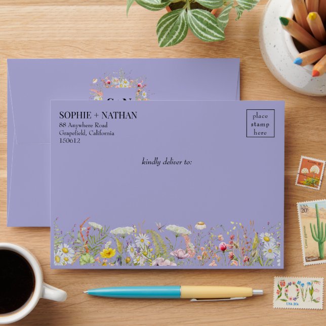 Spring Summer Wildflower Boho Periwinkle Wedding E Envelope (Desk)