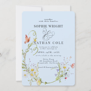 Spring Summer Wildflower Light Blue Boho Wedding Invitation