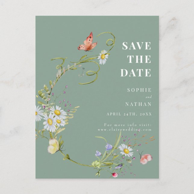 Spring Summer Wildflower Sage Green Save the Date  Postcard (Front)