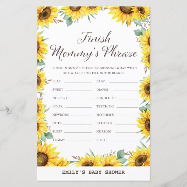 Spring Sunflower Baby Shower Game PRINTED (Front)