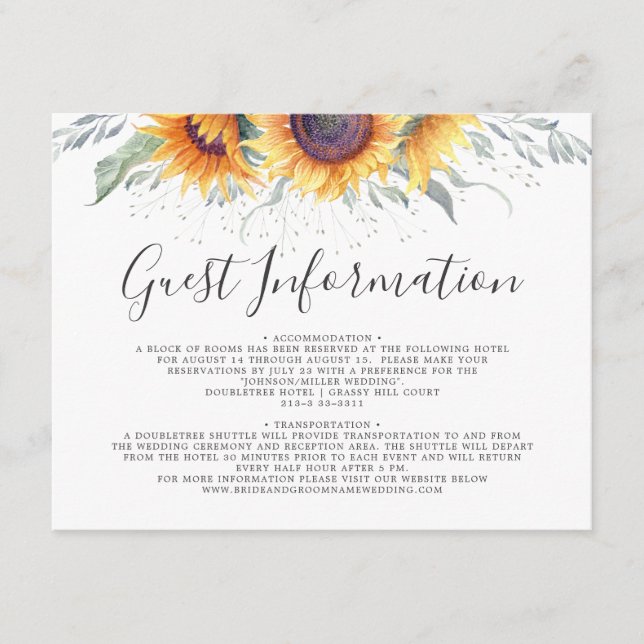 Spring Sunflower Bloom Guest Information Enclosure Card (Front)