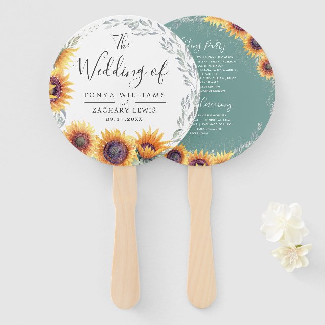 Spring Sunflower Bloom | Wedding Program Hand Fan (Front and Back)