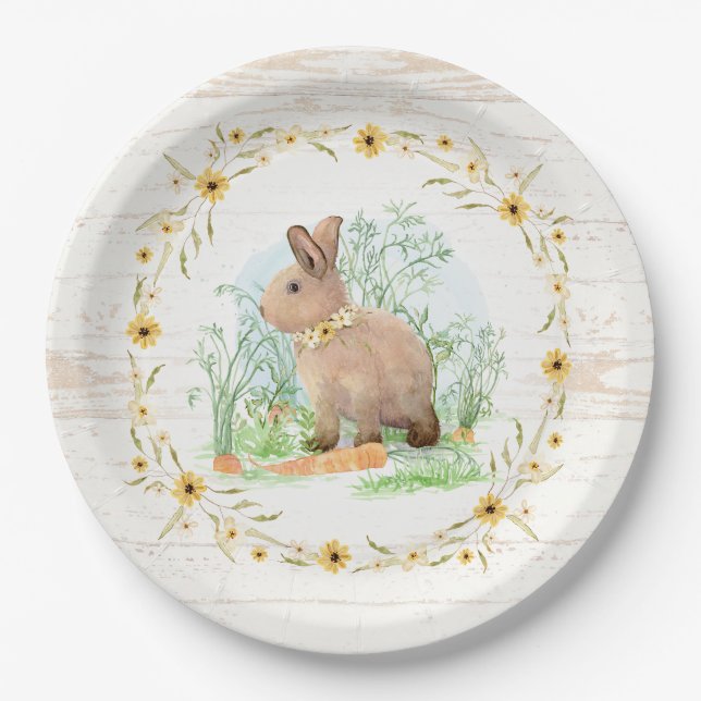 Spring Sunflower Floral Rabbit Garden Watercolor  Paper Plate (Front)