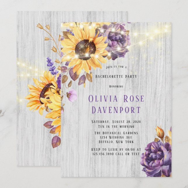 Spring Sunflower Purple Peony Bachelorette Party Invitation (Front/Back)