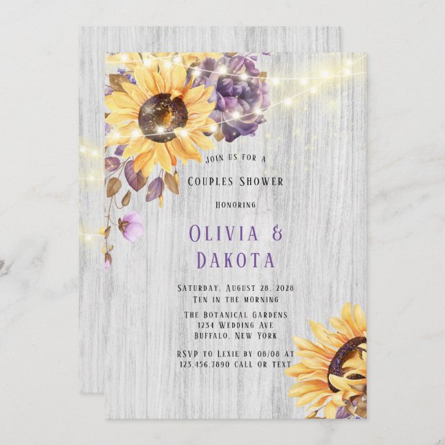 Spring Sunflower Purple Peony Couples Shower Invitation (Front/Back)