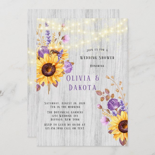 Spring Sunflower Purple Peony Wedding Shower Invitation (Front/Back)