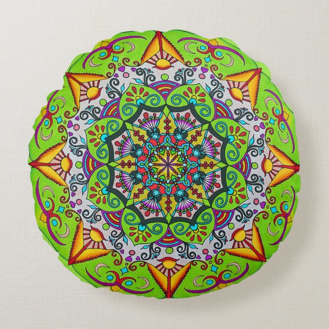 Spring Sunrise Flower Mandala Round Pillow (Front)