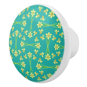 Spring Sunshine Daffodils Aqua Custom Ceramic Knob