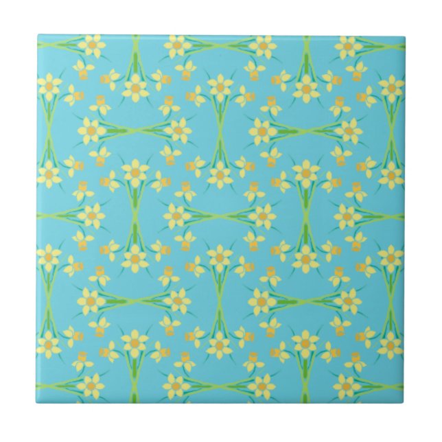 Spring Sunshine Daffodils Sky Blue Ceramic Tile (Front)