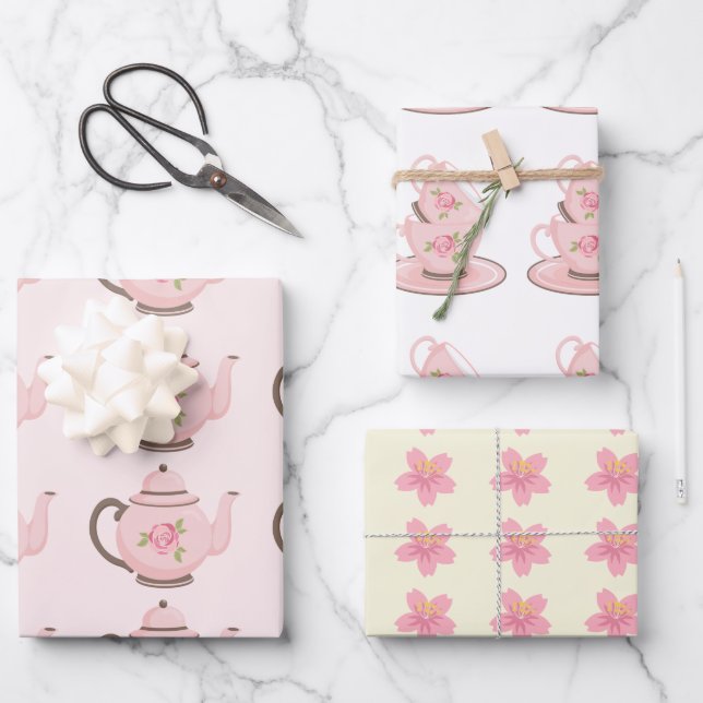 Spring Tea Party Pink Wrapping Paper (Front)