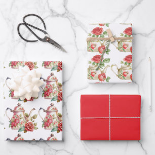 Spring Tea Party Red Teapots and Roses Wrapping Paper Sheet