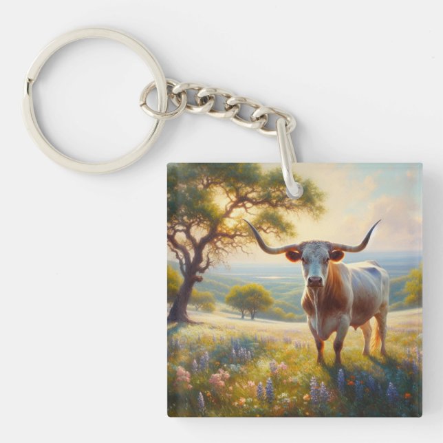 Spring Texas longhorn cow  Keychain (Front)