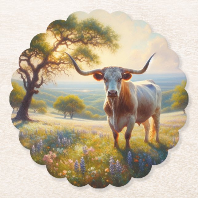 Spring Texas longhorn cow  Paper Coaster (Front)