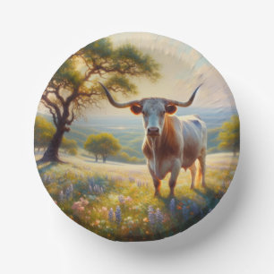 Spring Texas longhorn cow Paper Plate