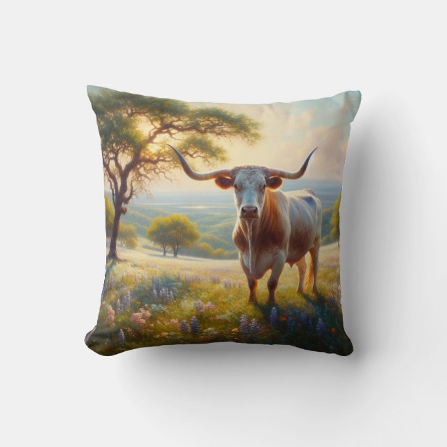 Spring Texas longhorn cow  Throw Pillow (Front)