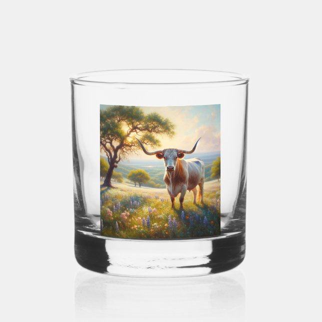 Spring Texas longhorn cow  Whiskey Glass (Back)