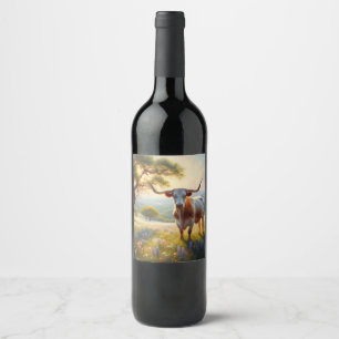 Spring Texas longhorn cow  Wine Label