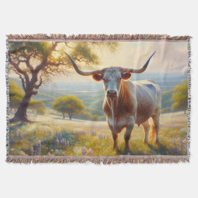 Spring Texas longhorn in a field Throw Blanket (Front)